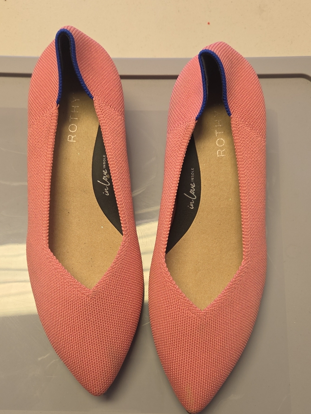 Rothy's Coral-Pink Pointed Knit Flats with Navy Trim 9